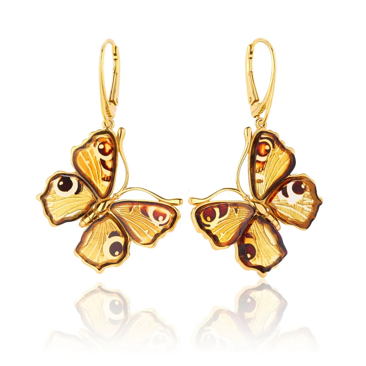 Kolczyki srebrne pozłacane motyle z bursztynem Big Butterfly Love