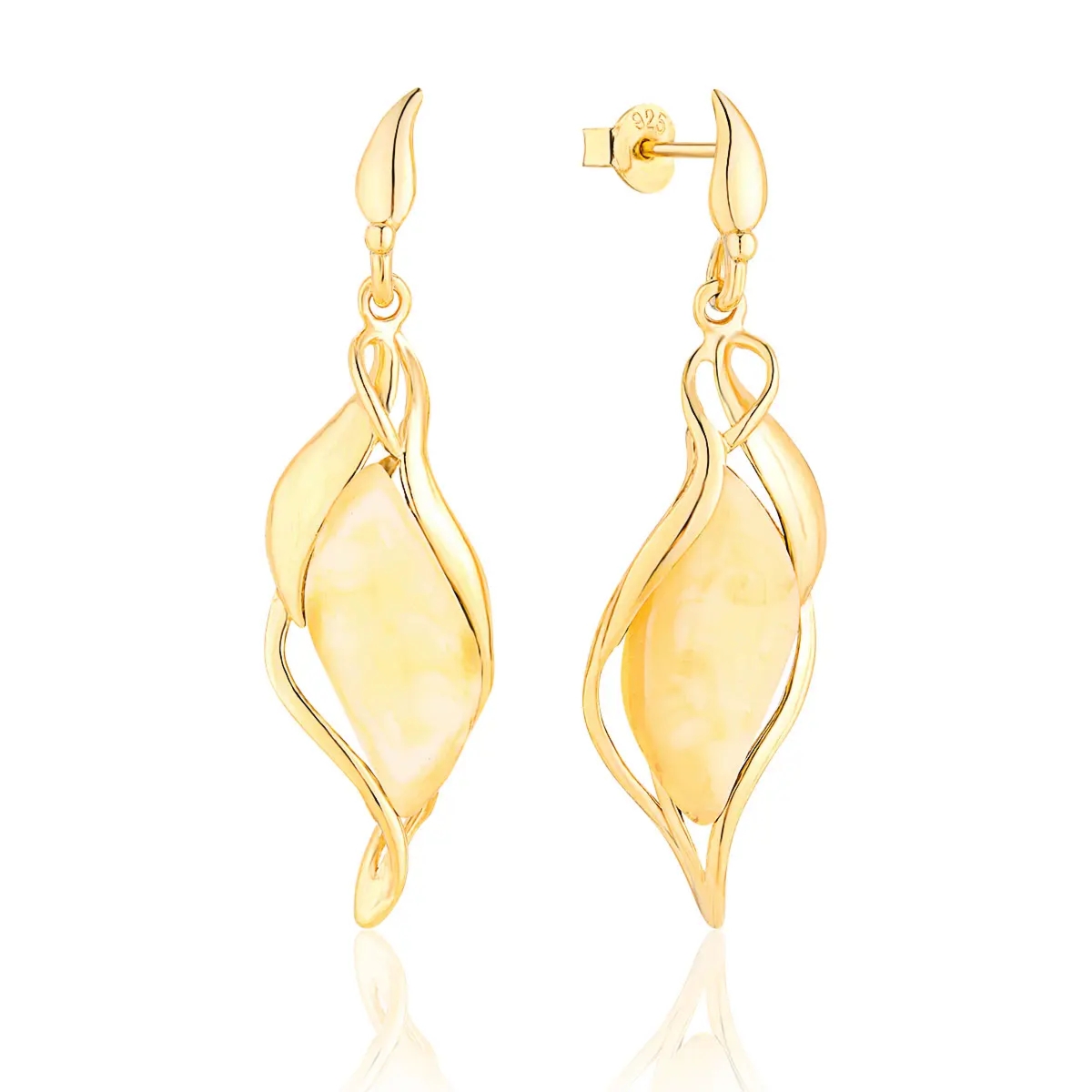 Kolczyki srebrne pozłacane markizy z mlecznym bursztynem