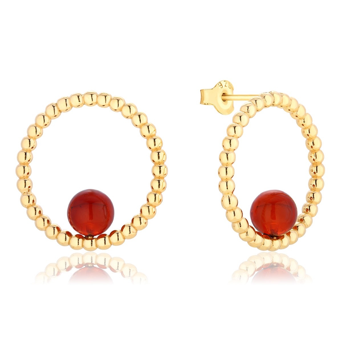 Kolczyki koła srebrne pozłacane z wiśniowym bursztynem