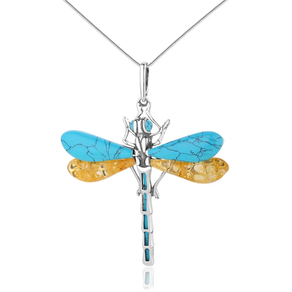 Zawieszka srebrna duża ważka z bursztynem cytrynowym i turkusem