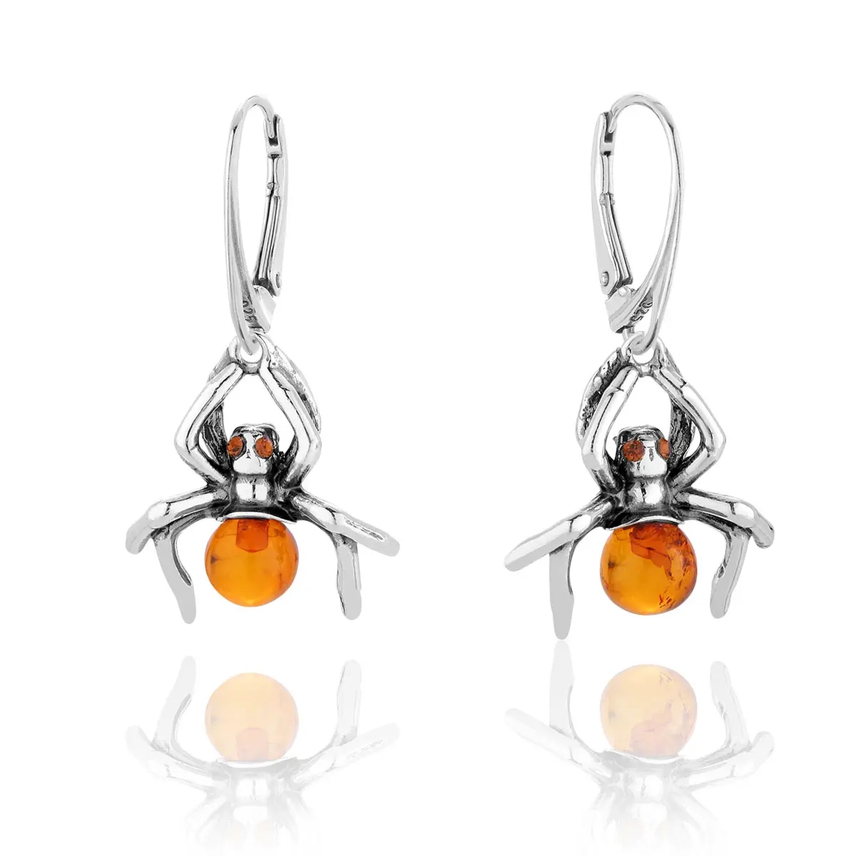 Kolczyki srebrne angielskie zapięcie pająki z bursztynem Spiderlings