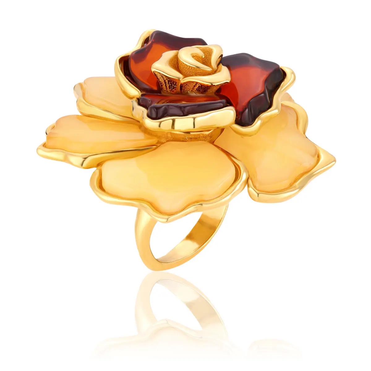 Pierścionek srebrny pozłacany róża z mlecznym i wiśniowym bursztynem Rosebud