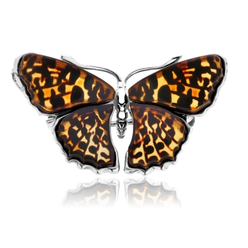 Broszka srebrna motyl z bursztynem Butterfly Rustle