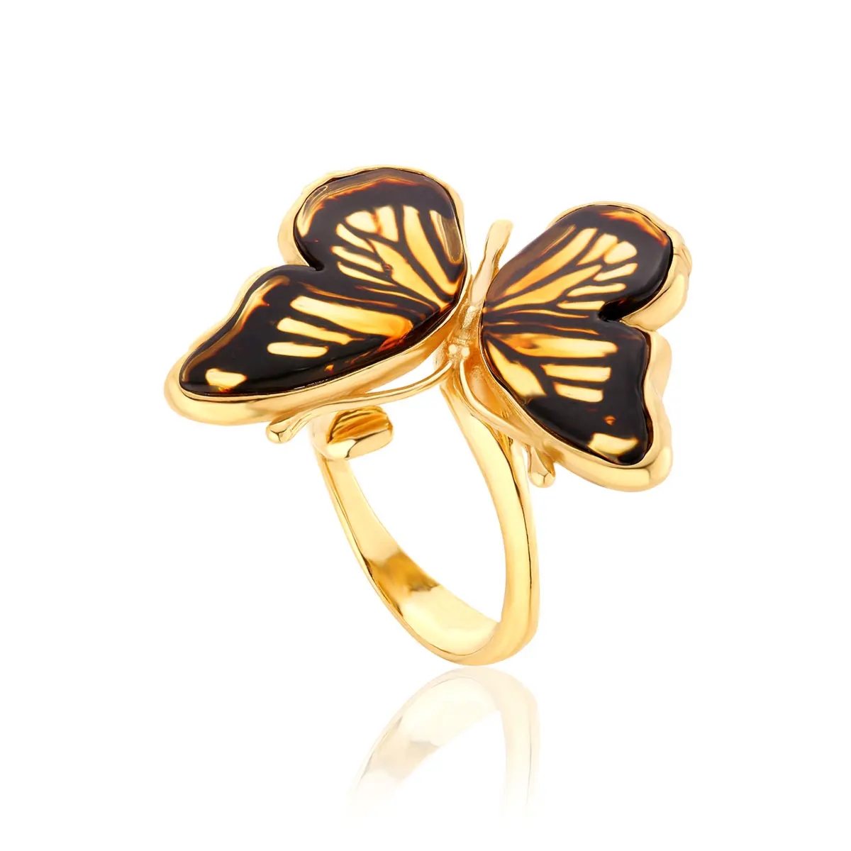 Pierścionek srebrny pozłacany motyl z bursztynem Butterfly Monarch