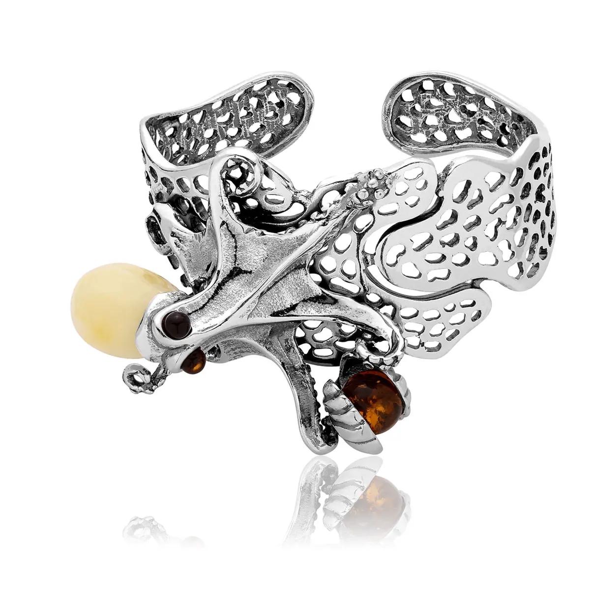 Bransoletka srebrna ośmiornica z mlecznym bursztynem Octopus