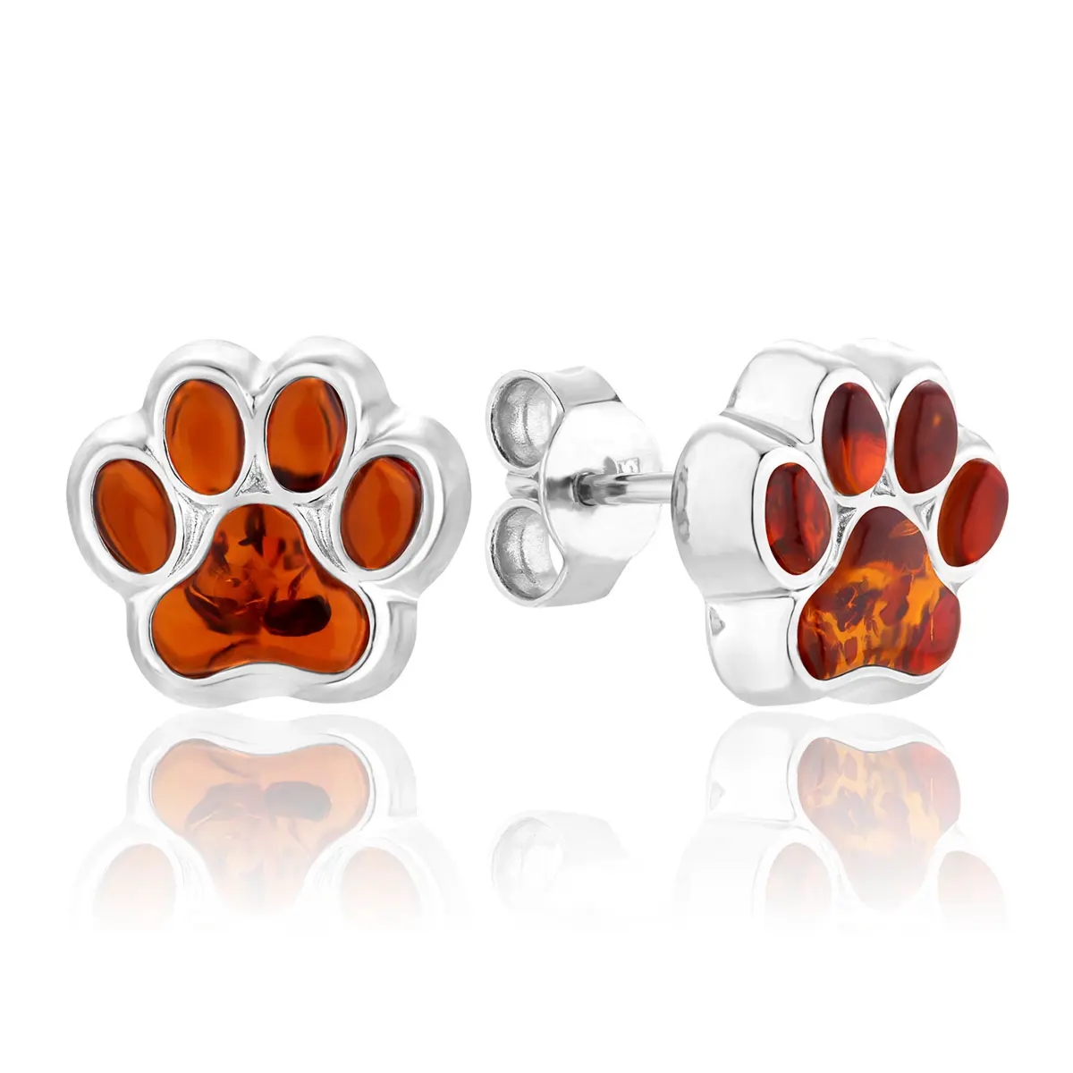 Kolczyki na sztyft srebrne mini łapki z bursztynem - koniakowy