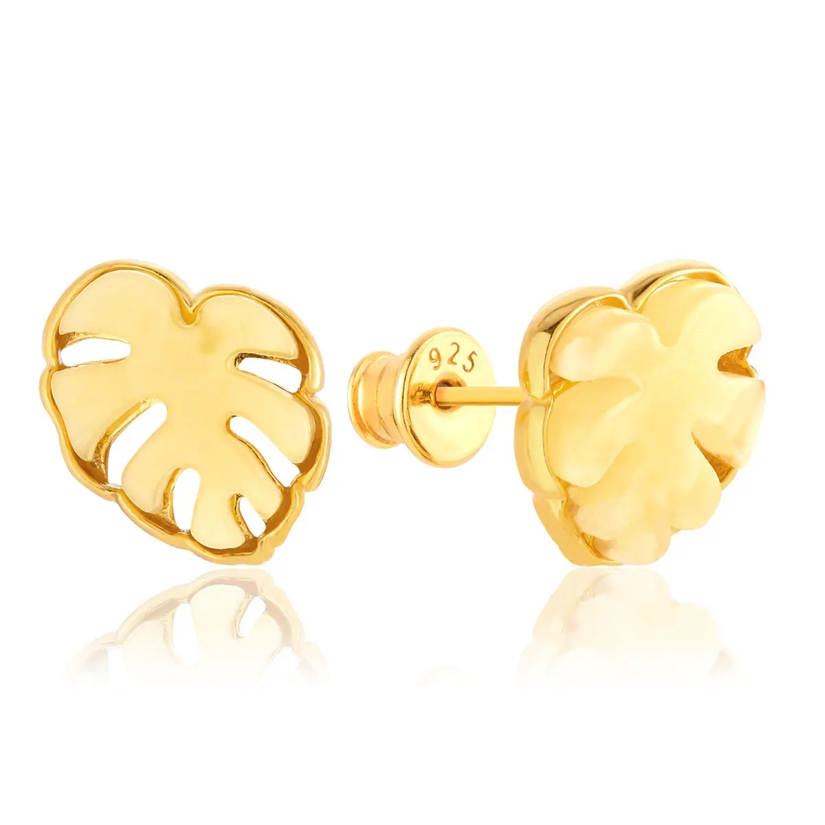 Kolczyki srebrne pozłacane liście monstera z mlecznym bursztynem Monstera