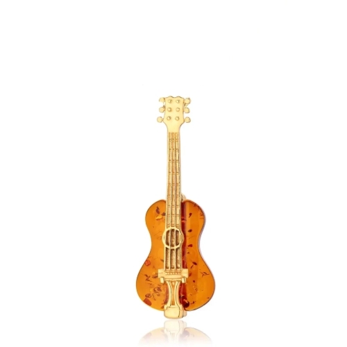 Broszka srebrna pozłacana gitara z bursztynem