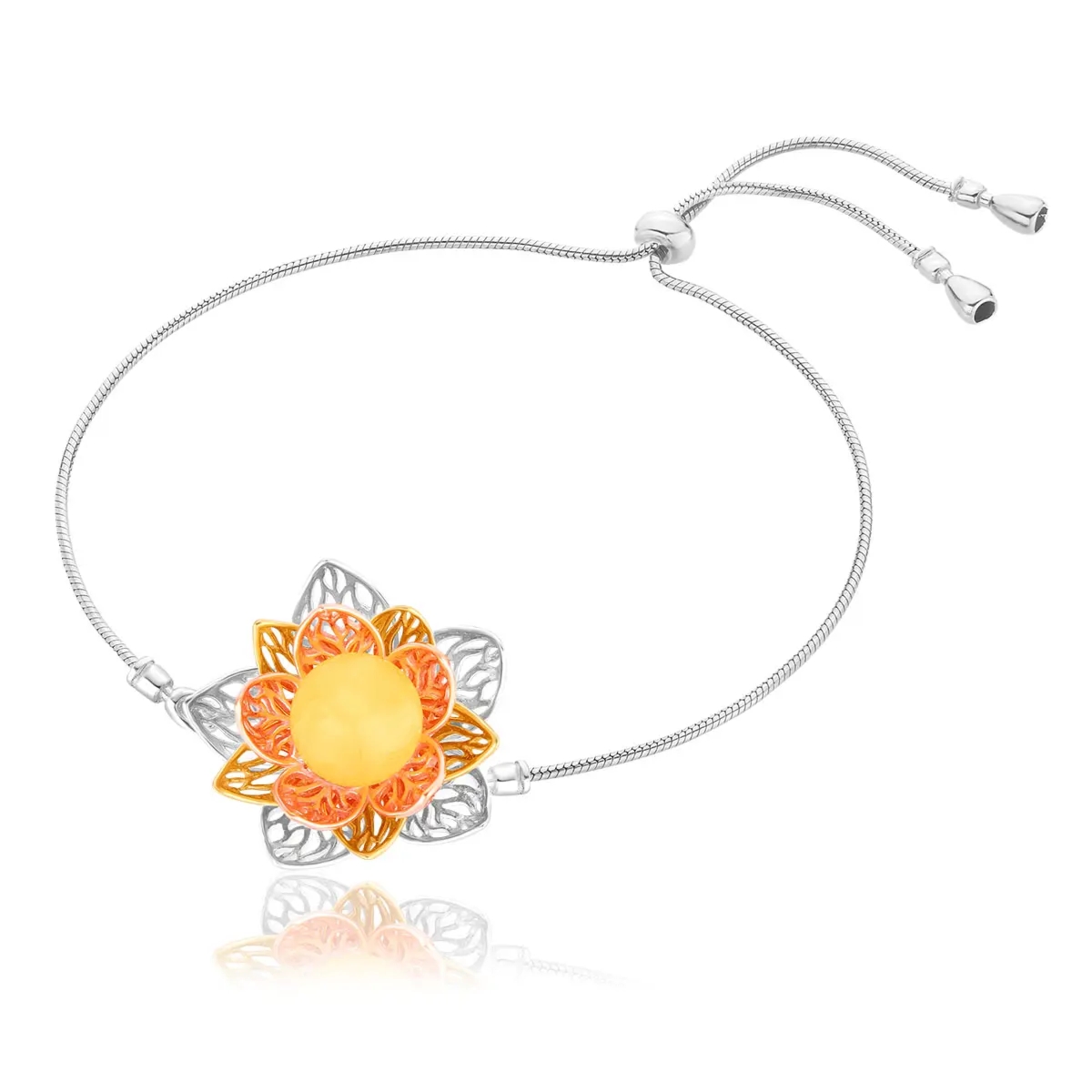 Bransoletka srebrna kwiat lotosu z mlecznym bursztynem