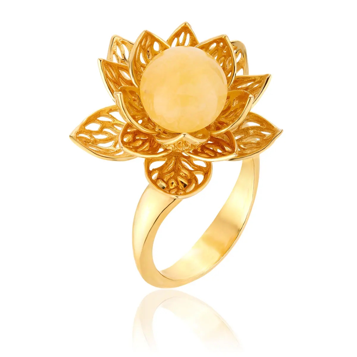 Pierścionek srebrny pozłacany kwiat lotosu z mlecznym bursztynem