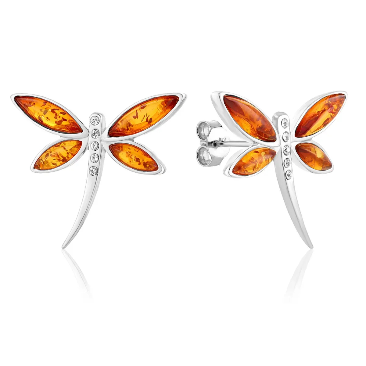Kolczyki srebrne ważki z koniakowym bursztynem Daring Needle