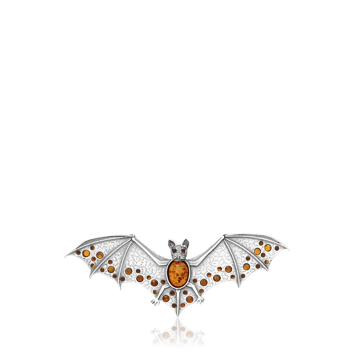 Broszka srebrna z koniakowym bursztynem nietoperz