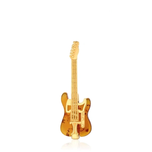 Broszka srebrna pozłacana elektryczna gitara z bursztynem