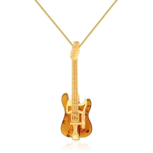 Zawieszka srebrna pozłacana elektryczna gitara z bursztynem