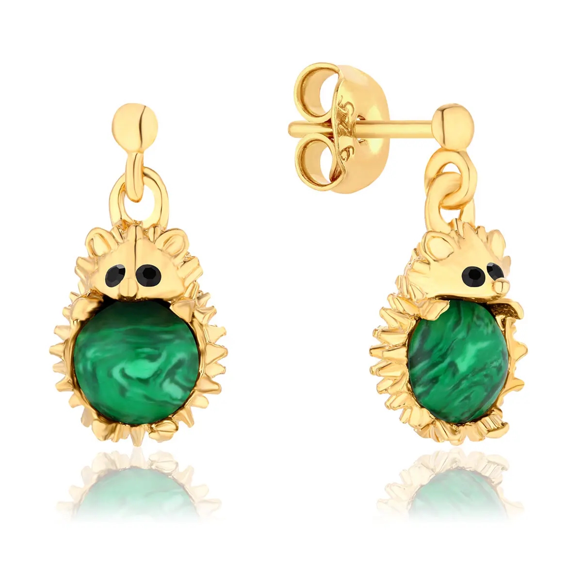 Kolczyki srebrne pozłacane jeżyki z malachitem Hedgehogs