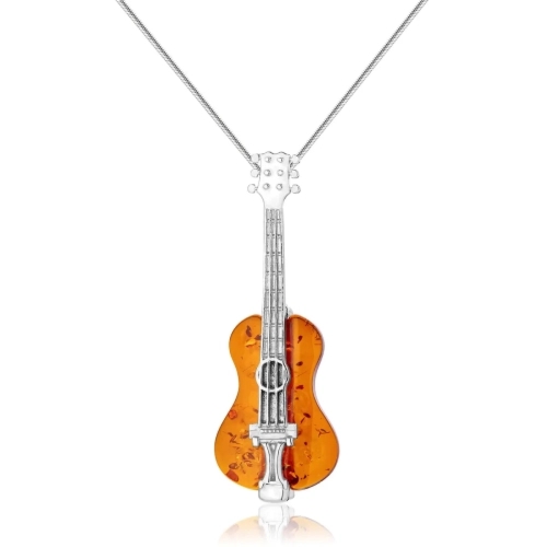 Zawieszka srebrna pozłacana gitara z bursztynem