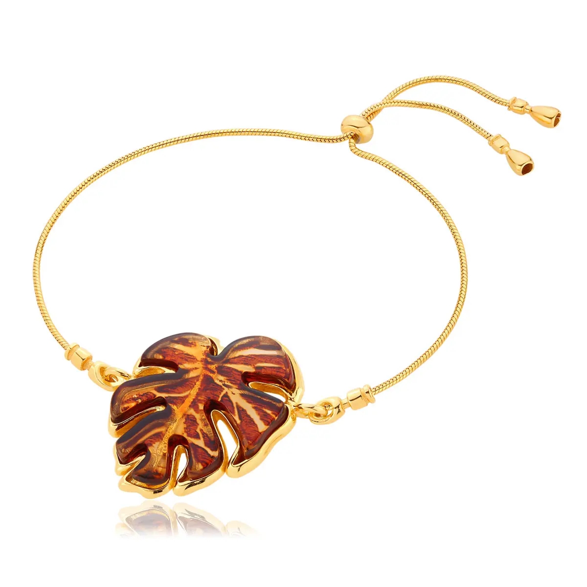 Bransoletka srebrna pozłacana liść monstera z bursztynem Monstera