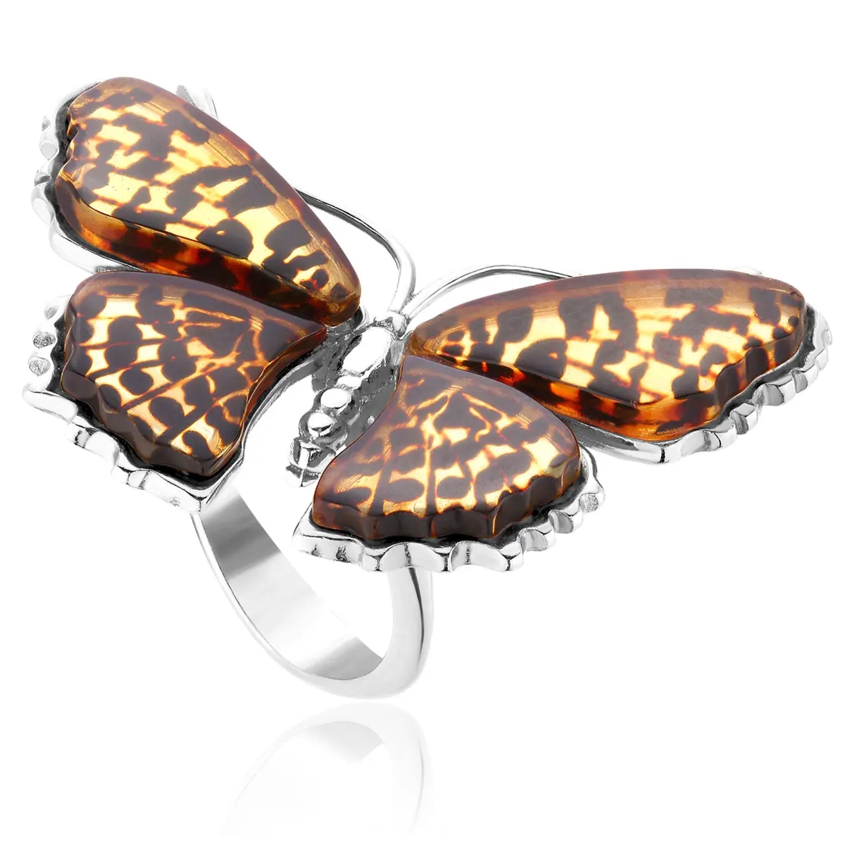 Pierścionek srebrny motyl z bursztynem Big Butterfly Rustle