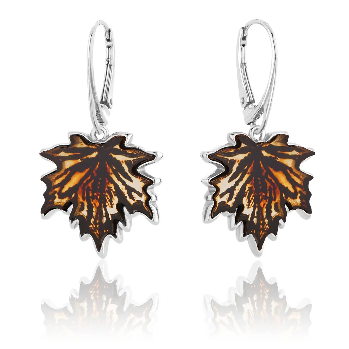 Kolczyki srebrne liście klonu z bursztynem Maple Leaves
