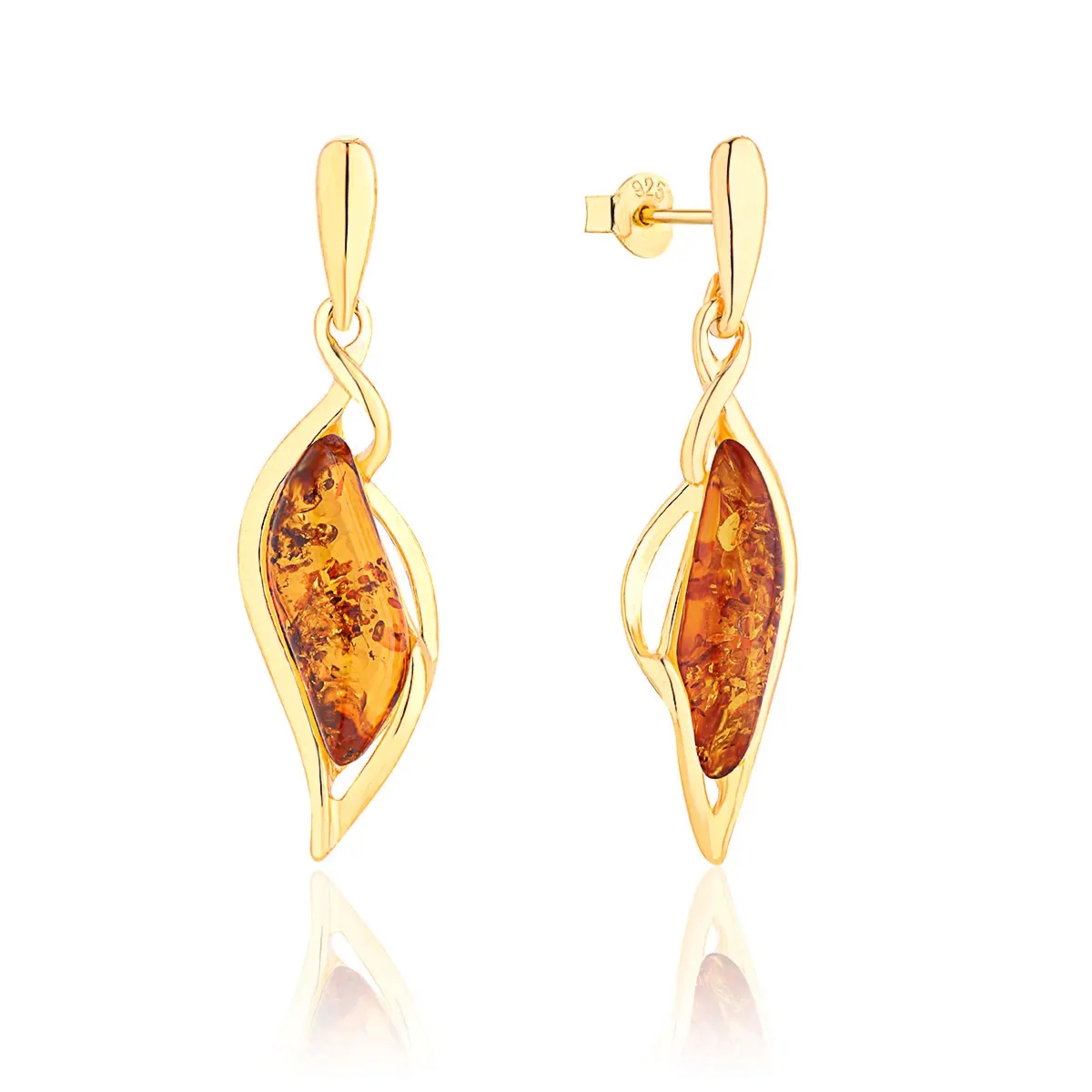 Kolczyki srebrne pozłacane małe markizy z koniakowym bursztynem