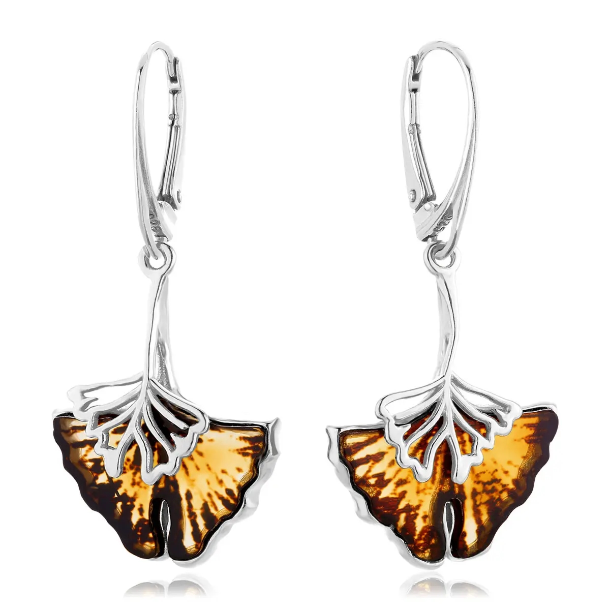 Kolczyki srebrne liście miłorzębu z bursztynem Ginkgo Leaves