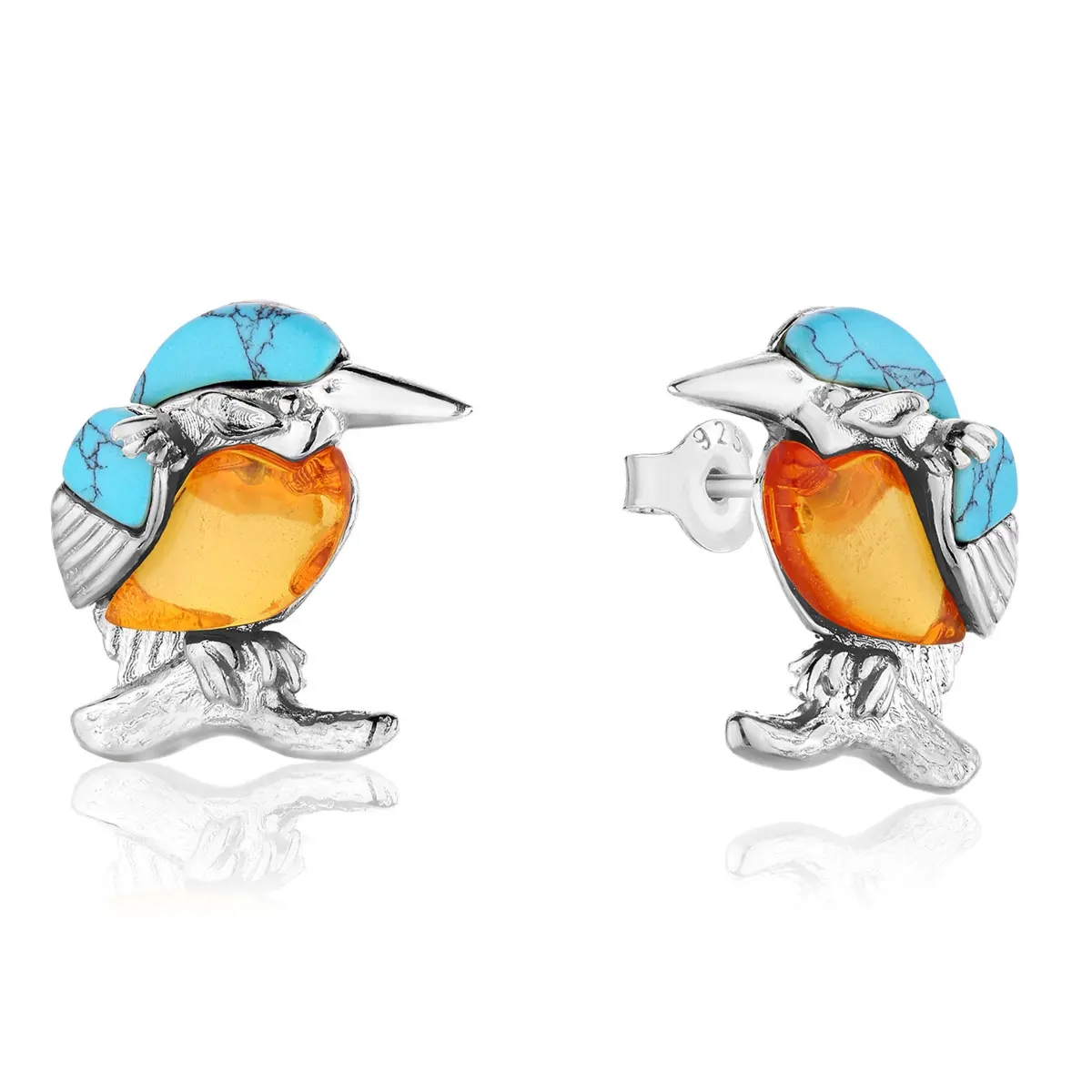 Kolczyki na sztyft srebrne ptaszki zimorodki z bursztynem Kingfishers