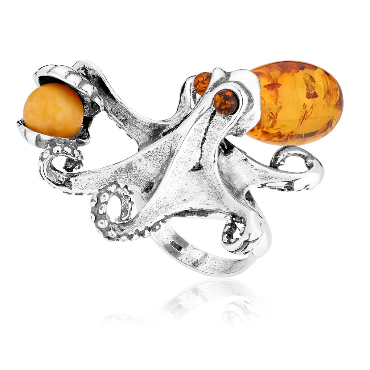 Pierścionek srebrny ośmiornica z koniakowym bursztynem Octopus