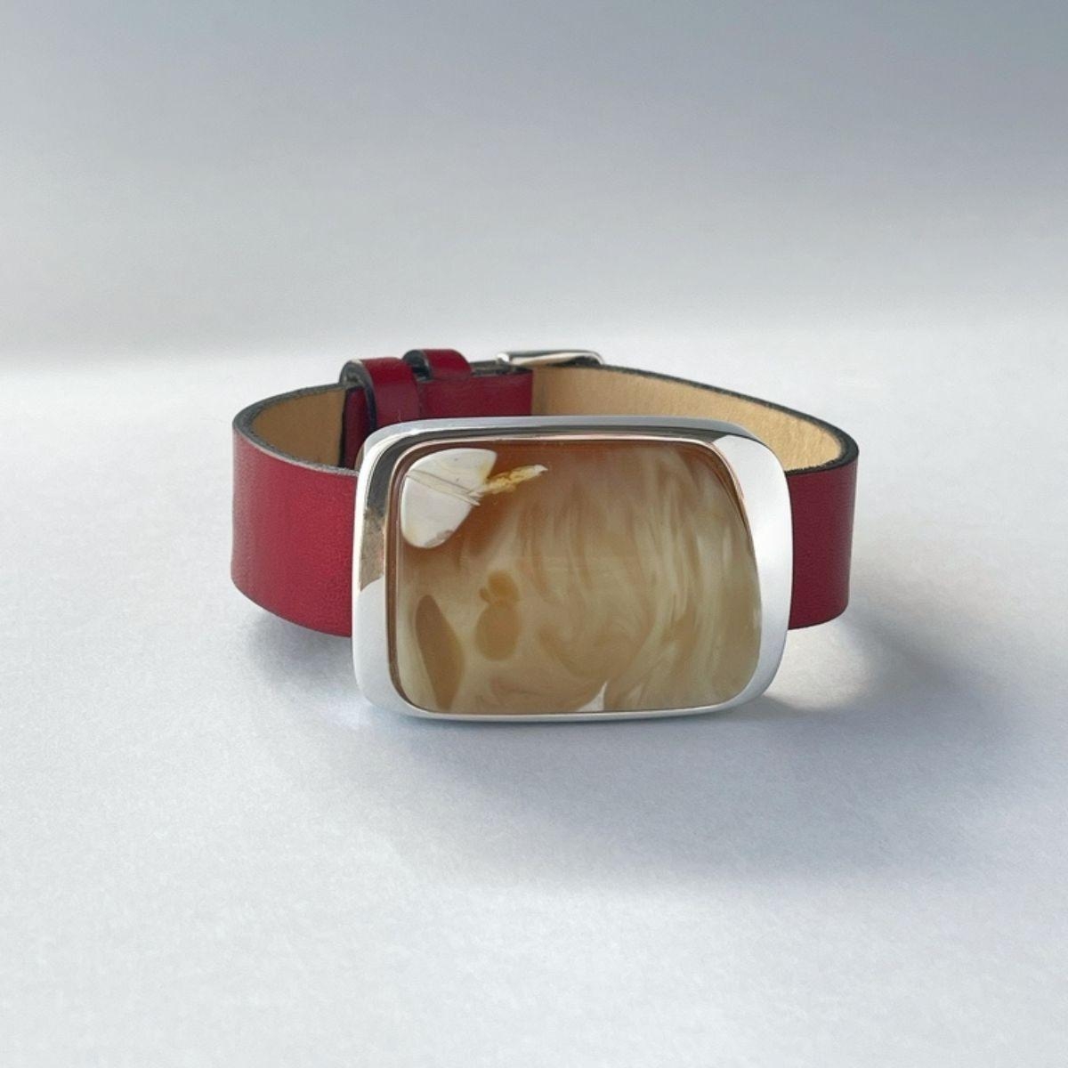 Unikatowa bransoleta srebrna na skórzanym pasku z mlecznym bursztynem no 3