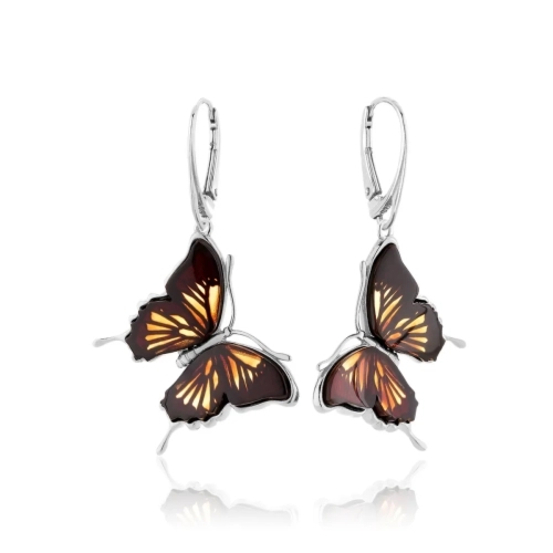 Kolczyki wiszące srebrne motyle z bursztynem Butterfly Touch