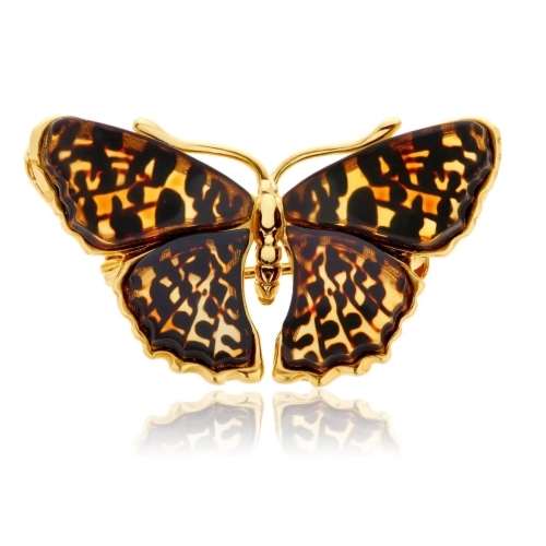 Broszka srebrna pozłacana motyl z bursztynem Butterfly Rustle