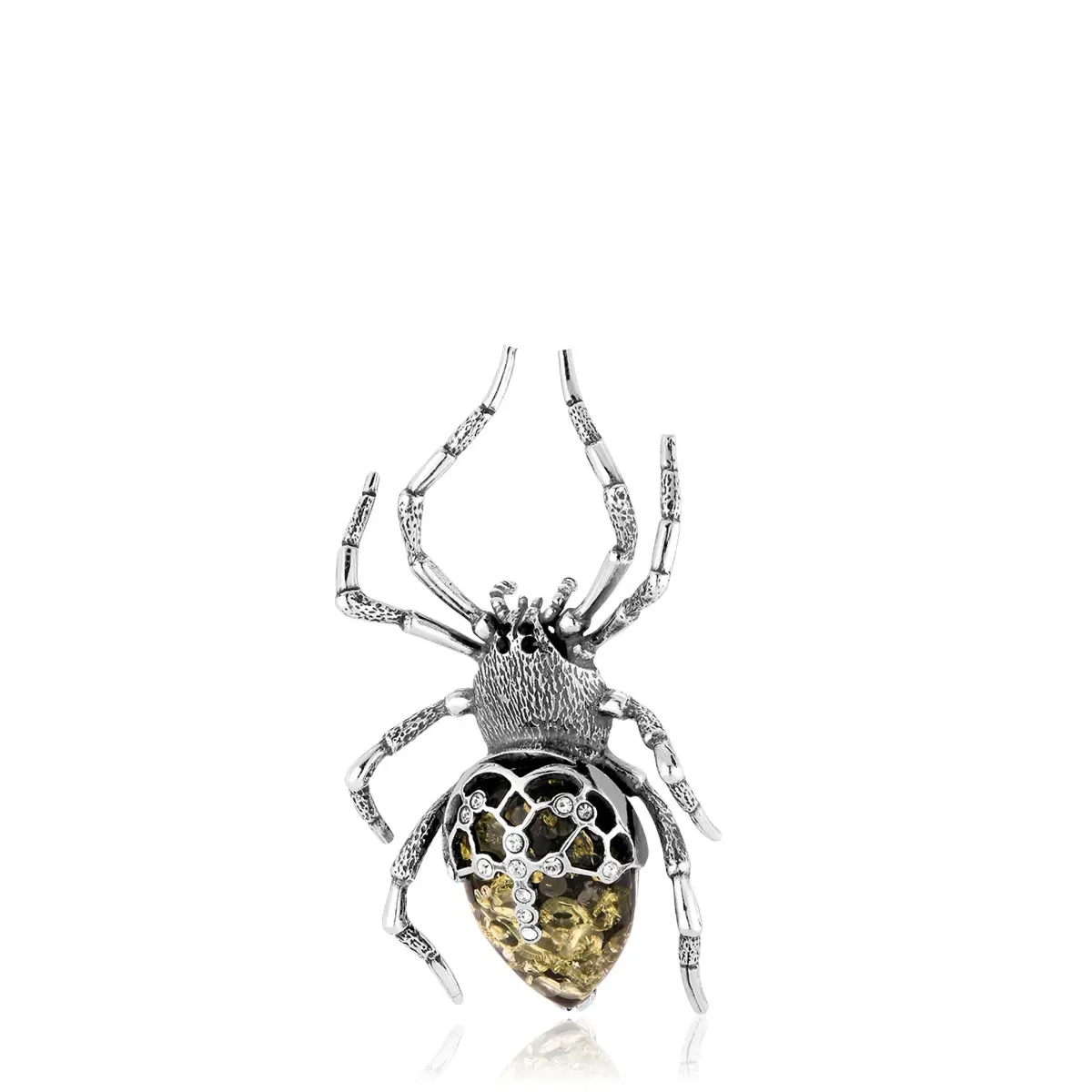 Broszka srebrna pająk z zielonym bursztynem Cross Spider