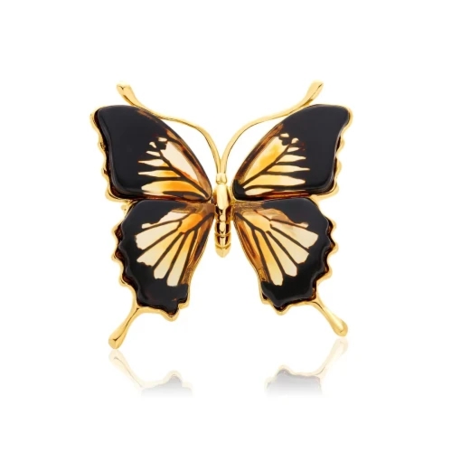 Broszka srebrna pozłacana motyl z bursztynem Butterfly Touch