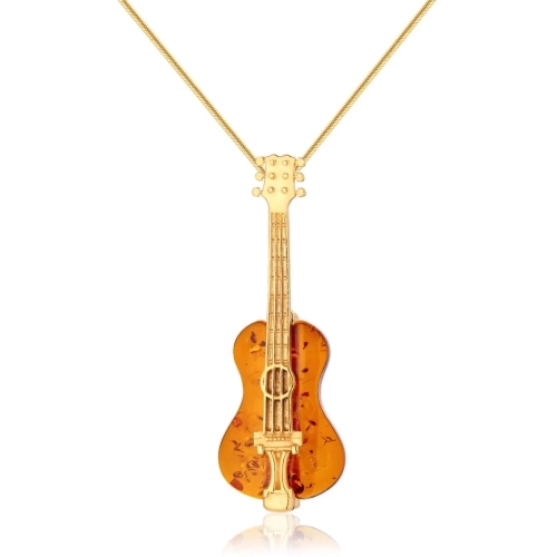 Zawieszka srebrna pozłacana gitara z bursztynem