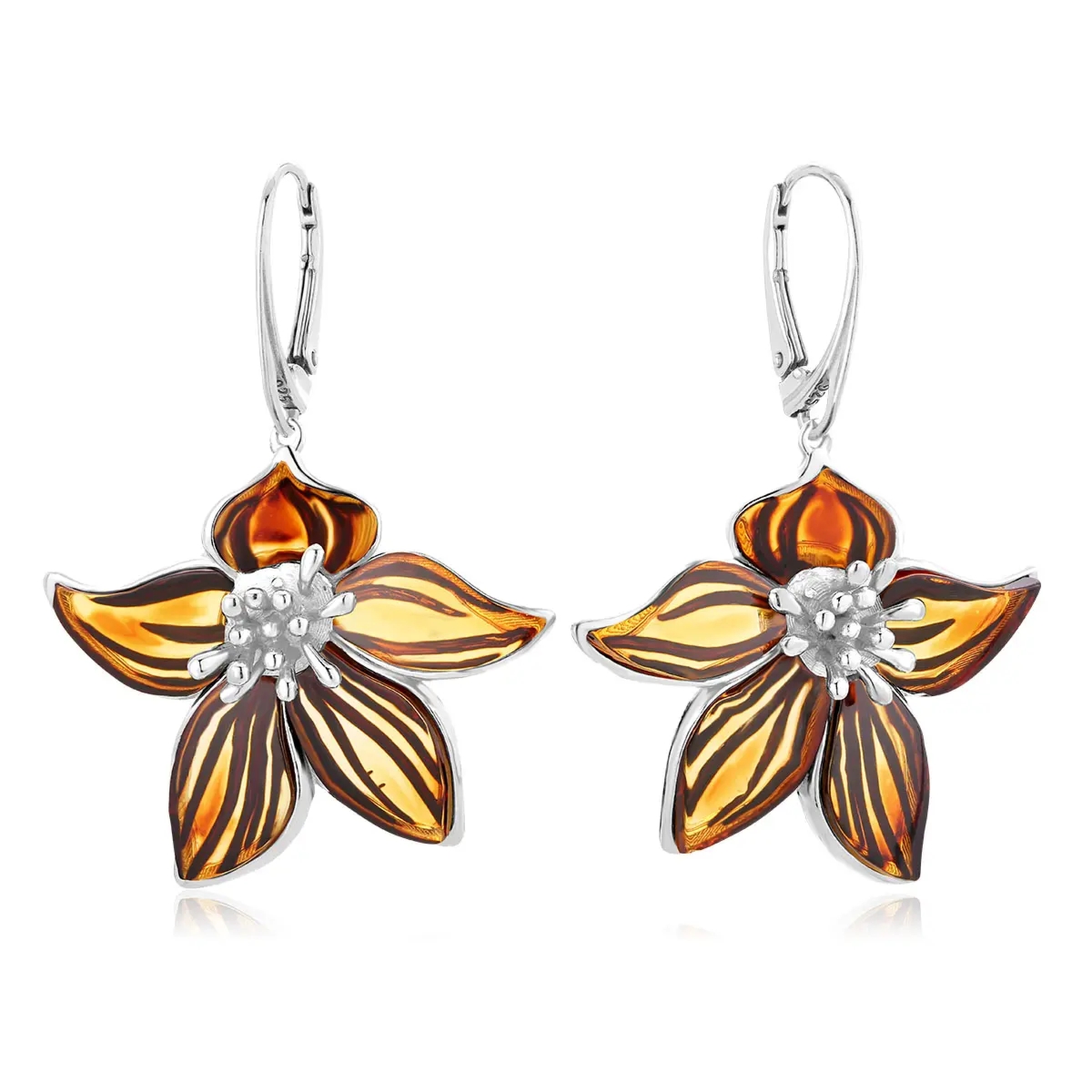 Kolczyki srebrne kwiaty z bursztynem