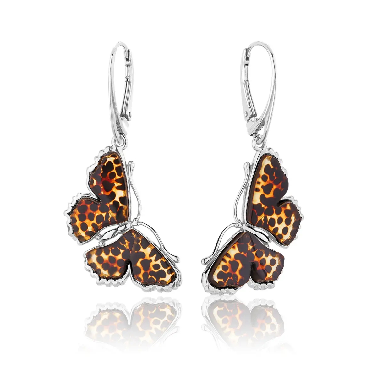 Kolczyki wiszące srebrne motyle z bursztynem Butterfly Rustle