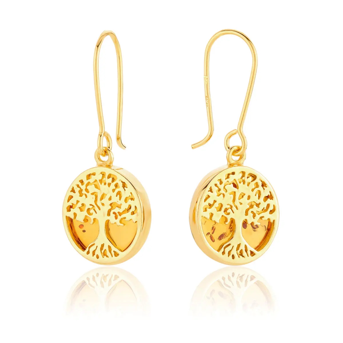 Kolczyki srebrne pozłacane drzewka życia z bursztynem Tree of Life - mleczny