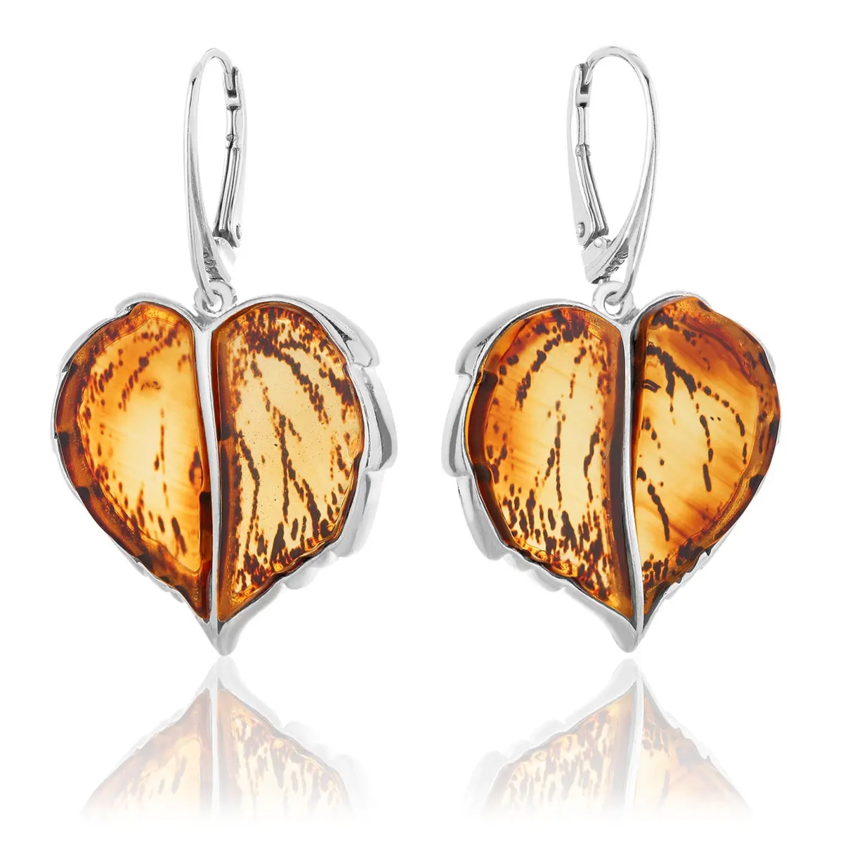 Kolczyki srebrne liście lipy z bursztynem Big Linden Leaves