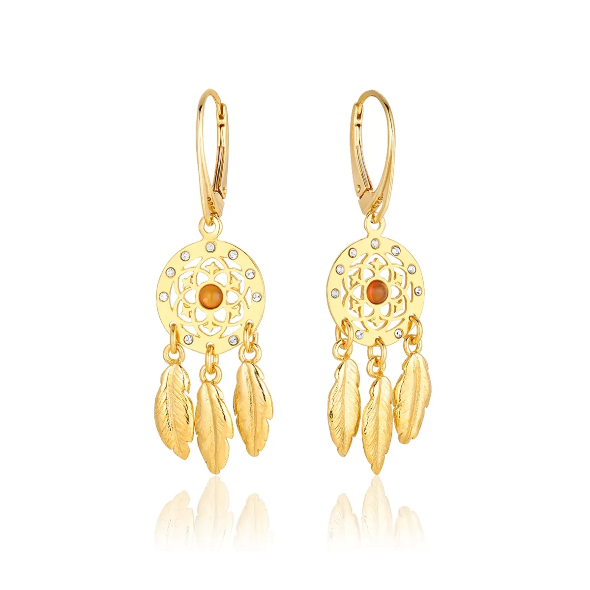 Kolczyki srebrne pozłacane z bursztynem łapacze snów - zielony