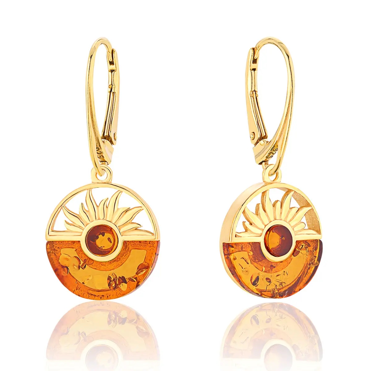 Kolczyki srebrne pozłacane słońca z bursztynem Sunrise - koniakowy