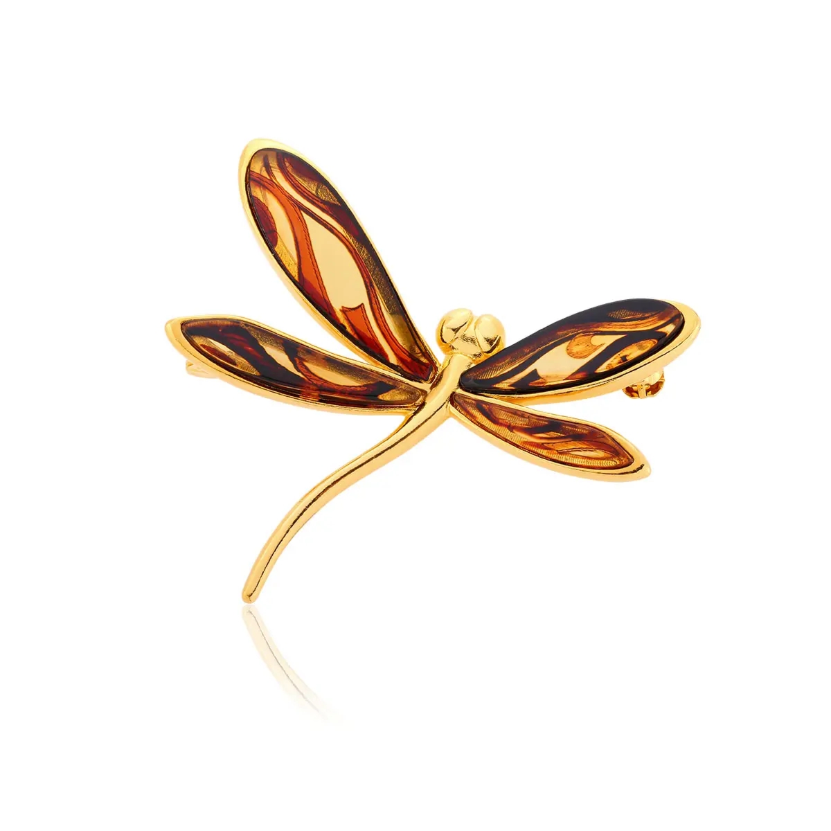 Broszka zawieszka srebrna pozłacana ważka z bursztynem Big Dragonfly