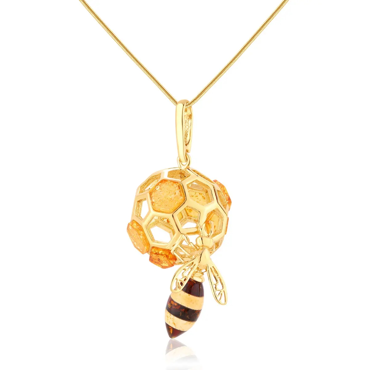 Zawieszka srebrna pozłacana pszczoła z bursztynem Busy Bee II