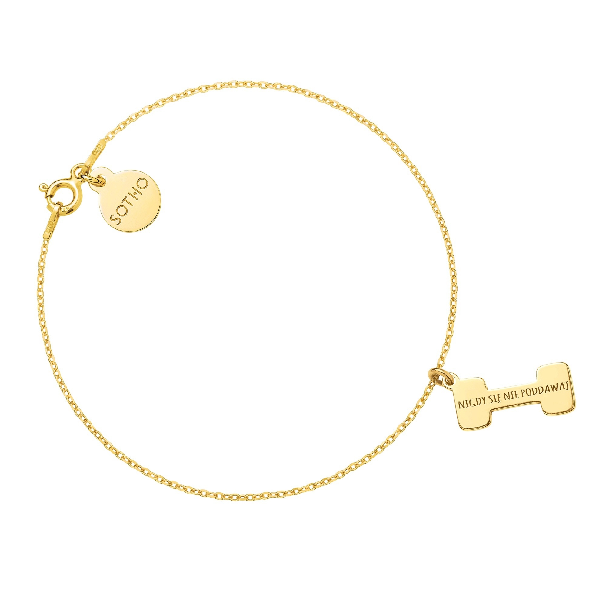 Złota bransoletka ciężarek NIGDY SIĘ NIE PODDAWAJ