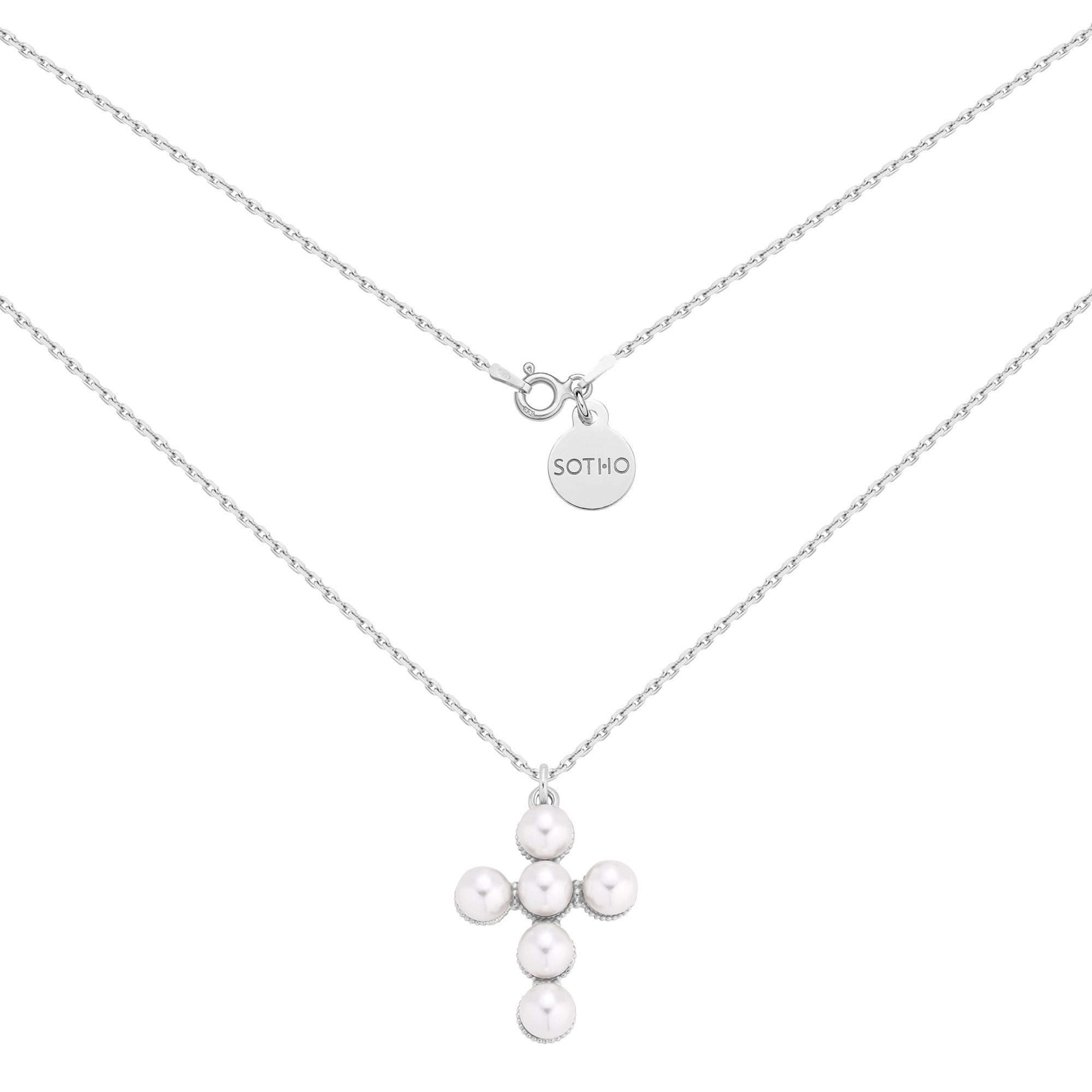 Srebrny naszyjnik z krzyżem zdobionym perłami : Długość - 50 cm