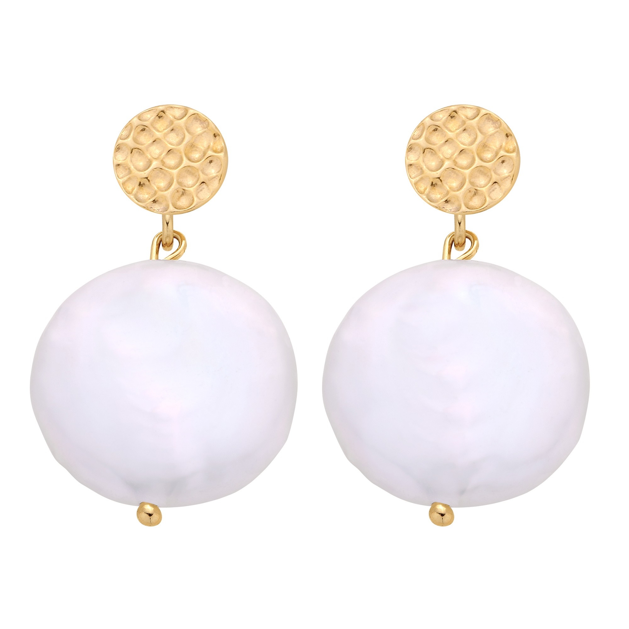 Złote kolczyki z dużymi płaskimi perłami