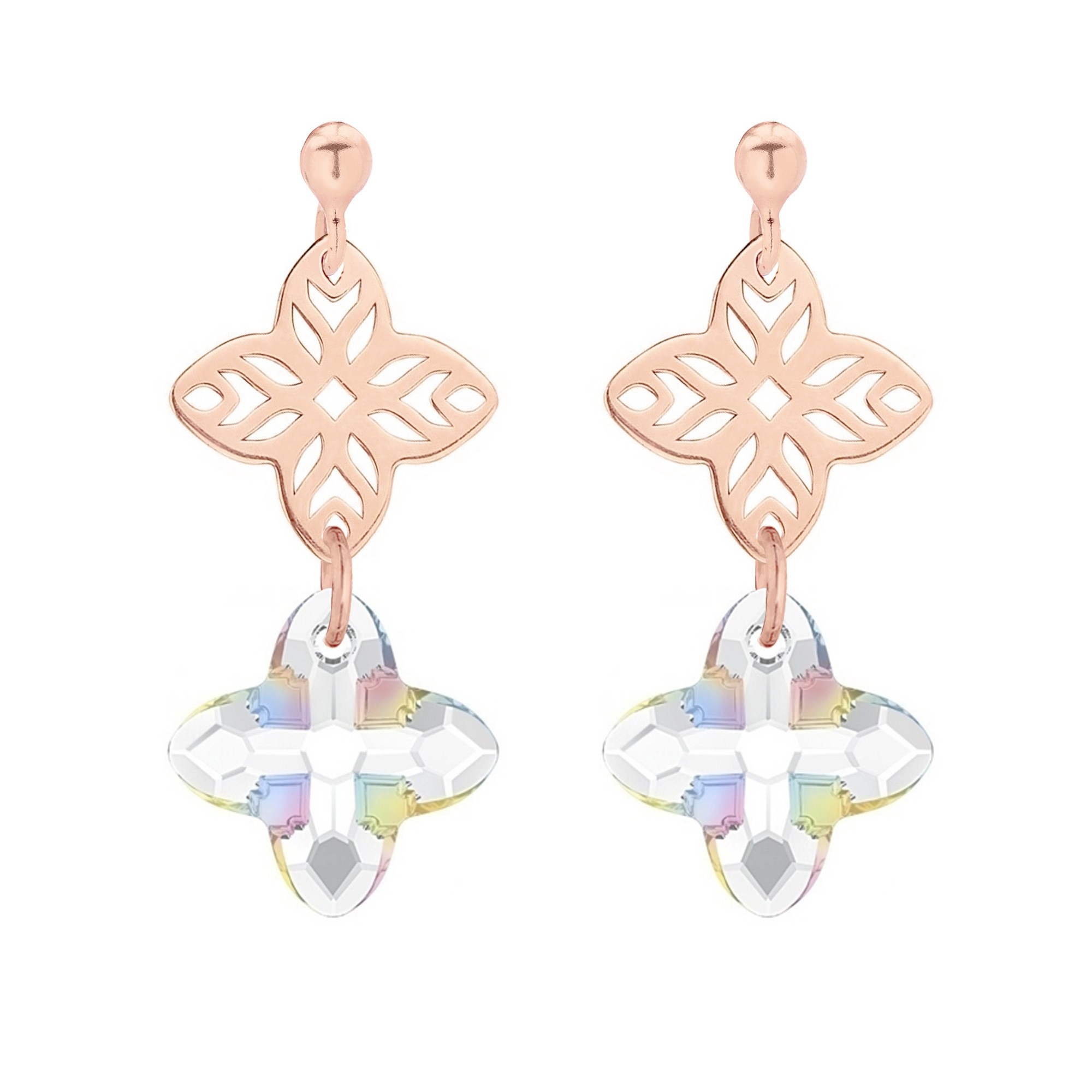 Kolczyki z różowego złota z rozetką i kryształem SWAROVSKI® CRYSTAL w kolorze opalizującym
