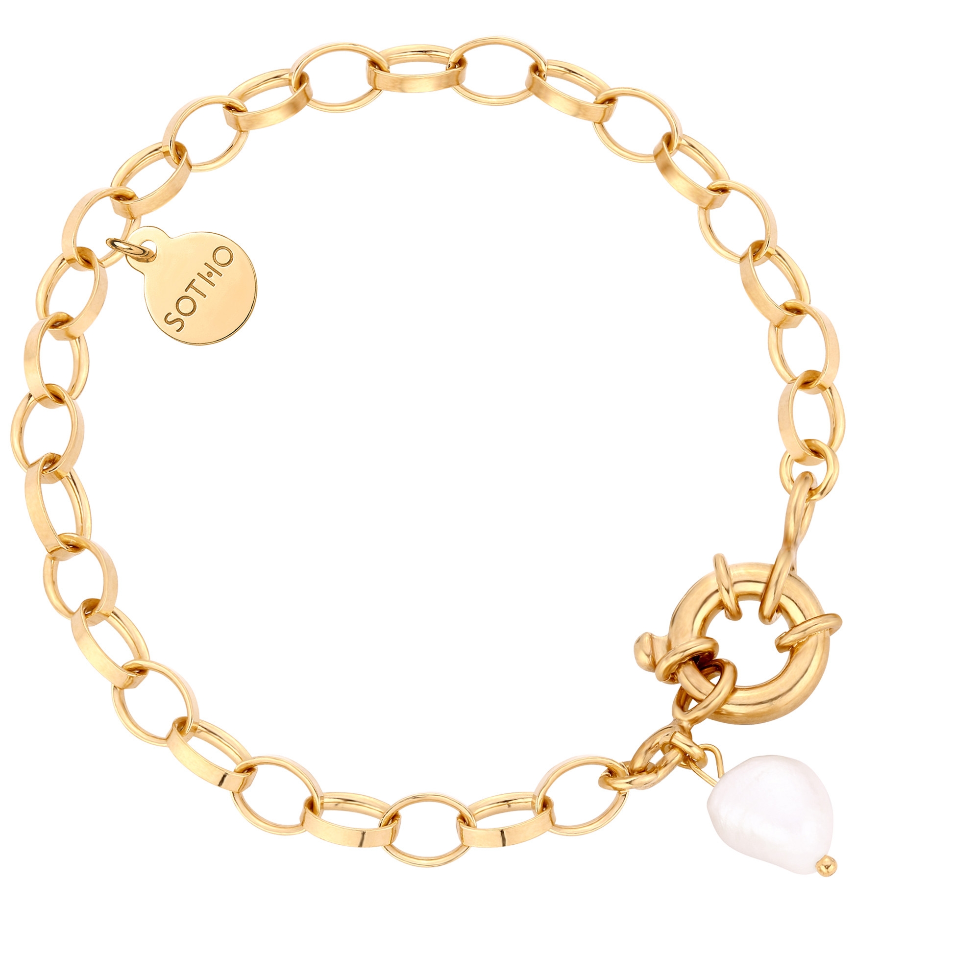 Złota masywna bransoletka z ozdobnym zapięciem i naturalną perłą