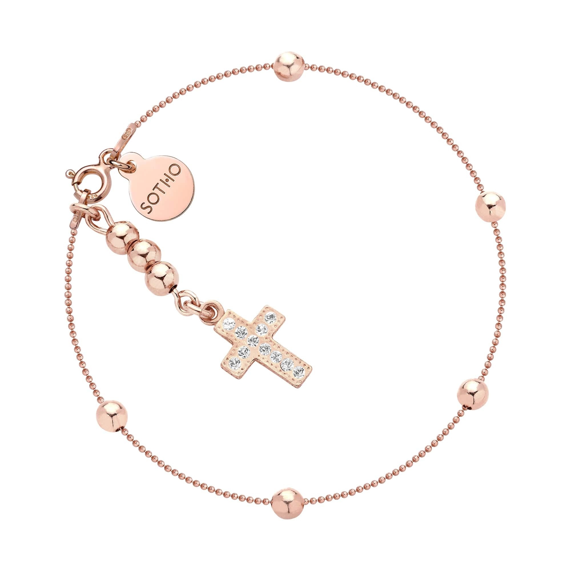 Bransoletka z różowego złota kuleczkami i krzyżykiem z kryształami SWAROVSKI® CRYSTAL
