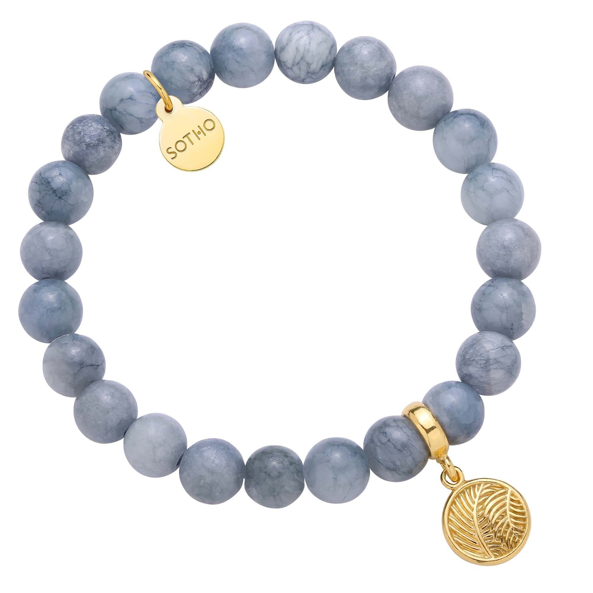 Brudnoniebieska bransoletka z anhydrytu ze złotymi liśćmi palmy