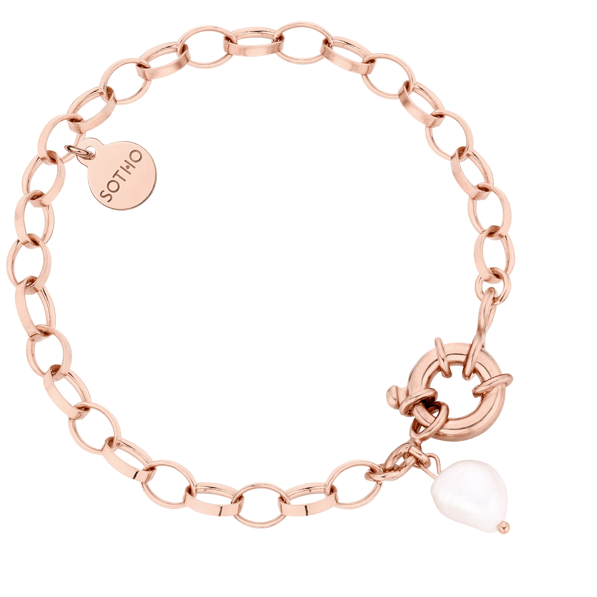 Masywna bransoletka z różowego złota z ozdobnym zapięciem i naturalną perłą