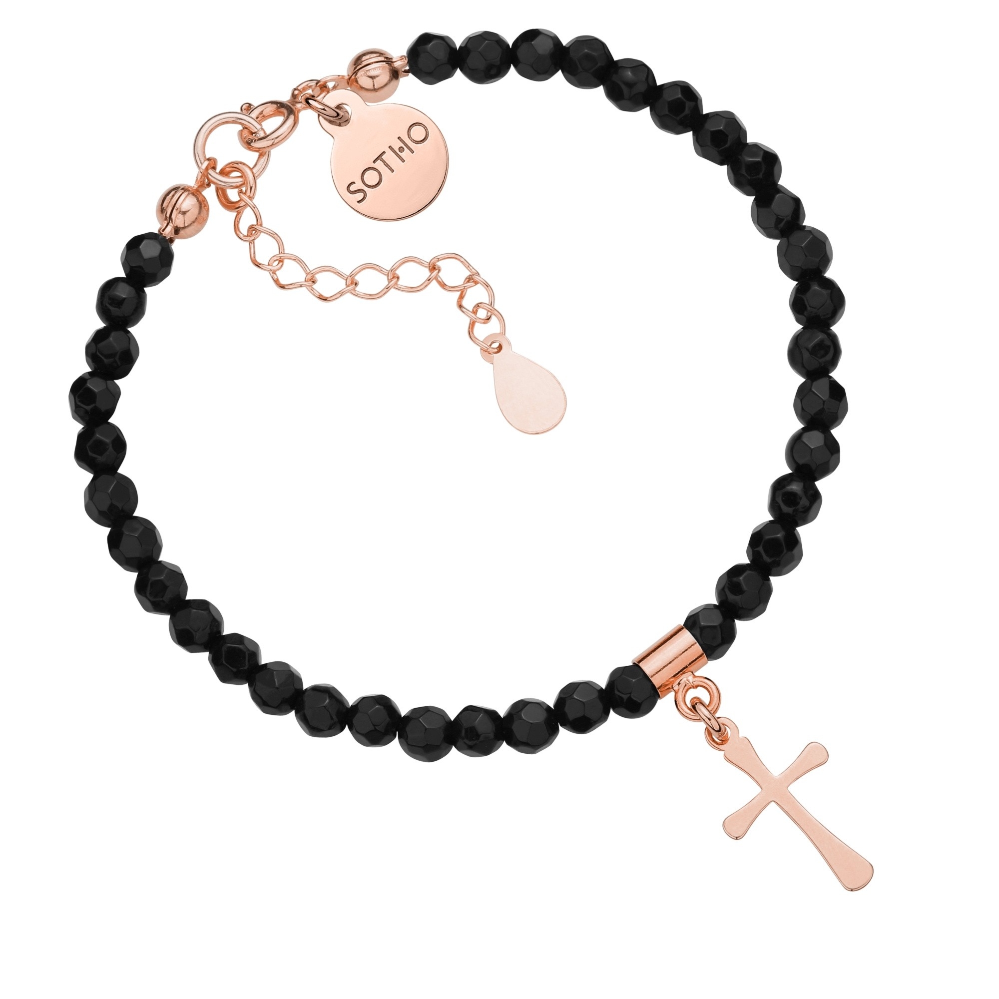 Czarna bransoletka z fasetowanego onyksu z krzyżykiem z różowego złota